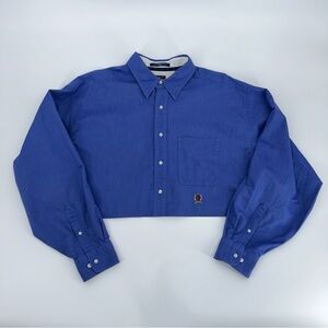 Tommy Hilfiger Cropped Oversized Blue Shirt Embroidery Patch & Pocket One Size